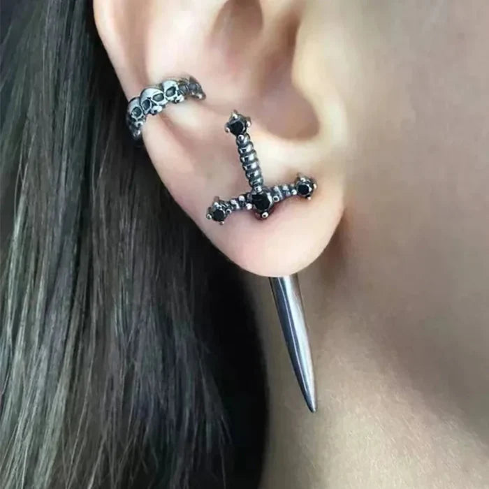 Fashion Earrings Inspired by Viking Swords: dark metallic gray, black sword and skull motif, gothic, edgy style