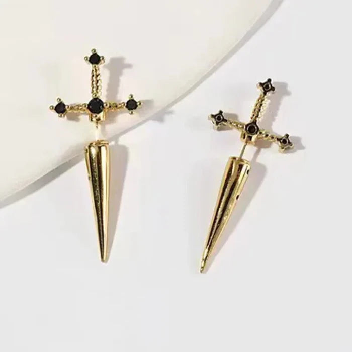 Fashion Earrings Inspired by Viking Swords: dark metallic gray, black sword and skull motif, gothic, edgy style