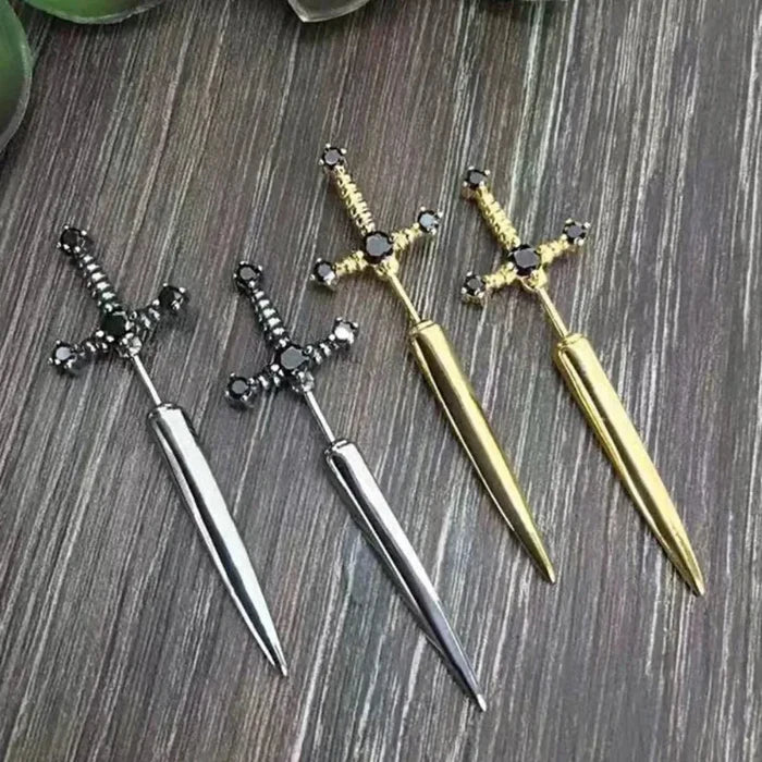 Fashion Earrings Inspired by Viking Swords: dark metallic gray, black sword and skull motif, gothic, edgy style