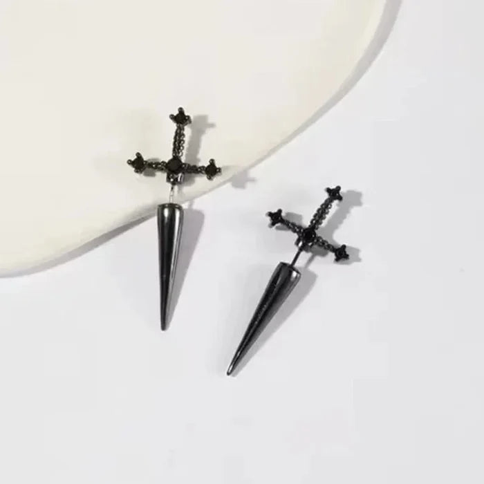 Fashion Earrings Inspired by Viking Swords: dark metallic gray, black sword and skull motif, gothic, edgy style