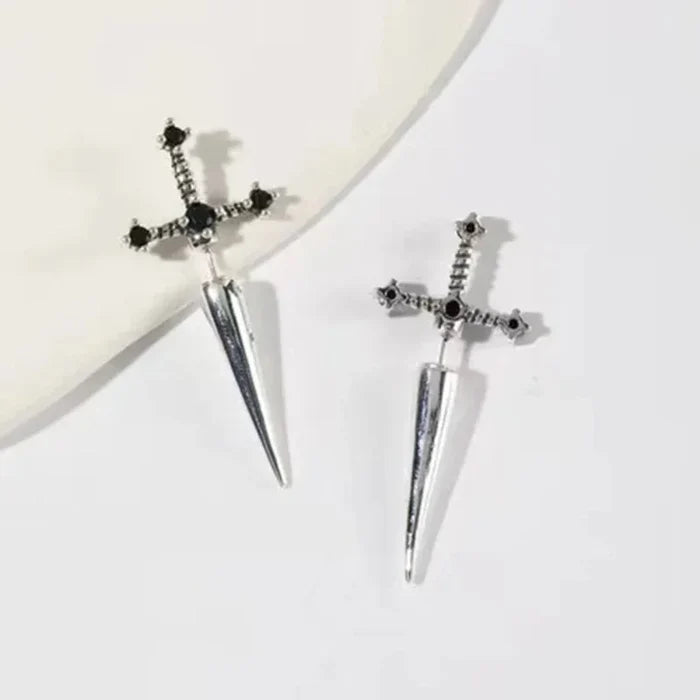 Fashion Earrings Inspired by Viking Swords: dark metallic gray, black sword and skull motif, gothic, edgy style