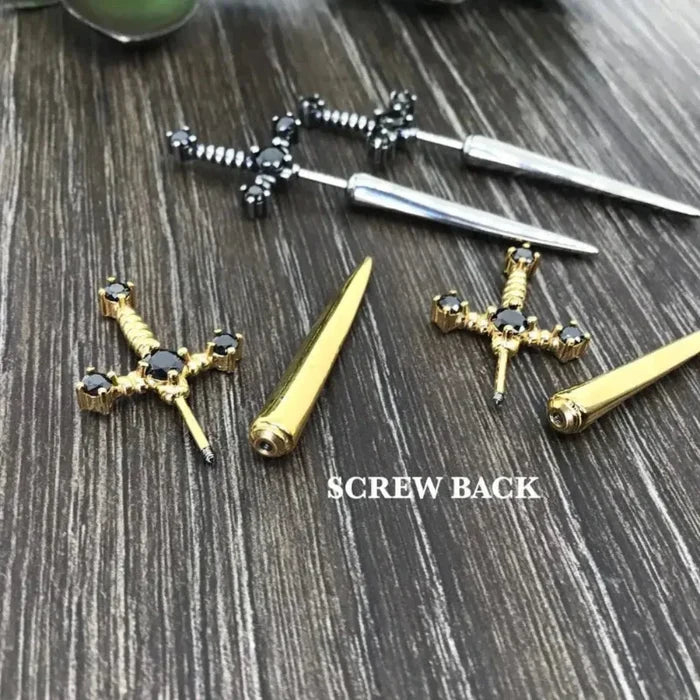 Fashion Earrings Inspired by Viking Swords: dark metallic gray, black sword and skull motif, gothic, edgy style