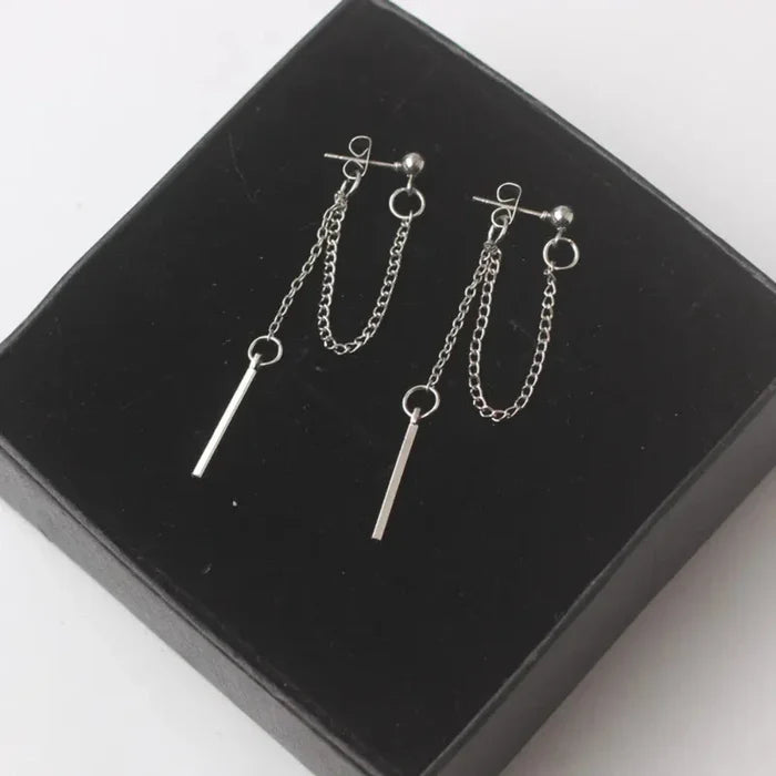 Fashion Earrings with Lengthy Tassels: silver pair of dangling chain earrings, minimal style