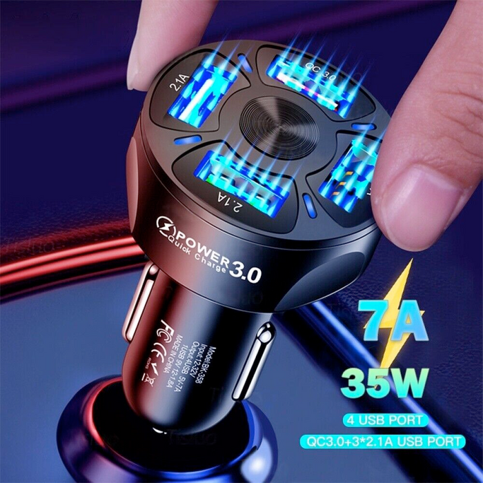 Fast Car USB Charger with Multiple Functions for Rapid Charging: black, dark gray car charger adapter, modern futuristic styl