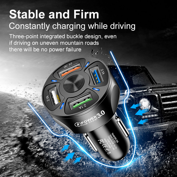 Fast Car USB Charger with Multiple Functions for Rapid Charging: black, dark gray car charger adapter, modern futuristic styl
