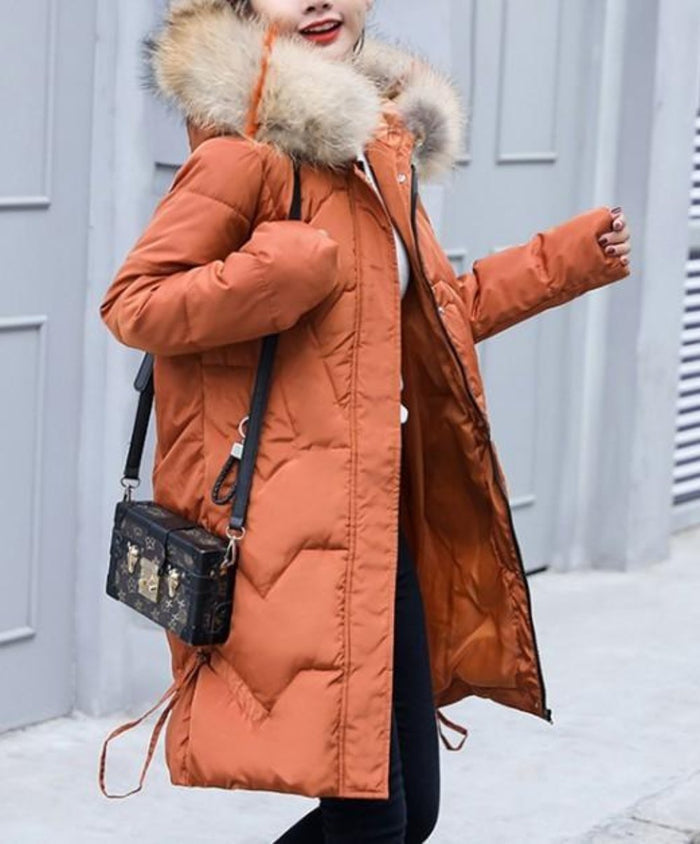 Faux Fur Hooded Women's Casual Puffer Jacket: white, beige/tan hooded puffer coat, casual winter outerwear style