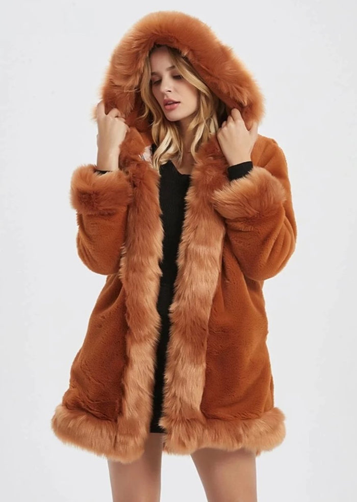 Faux Fur Hooded Women's Coat: rust orange, brown hooded coat, plush winter outerwear style
