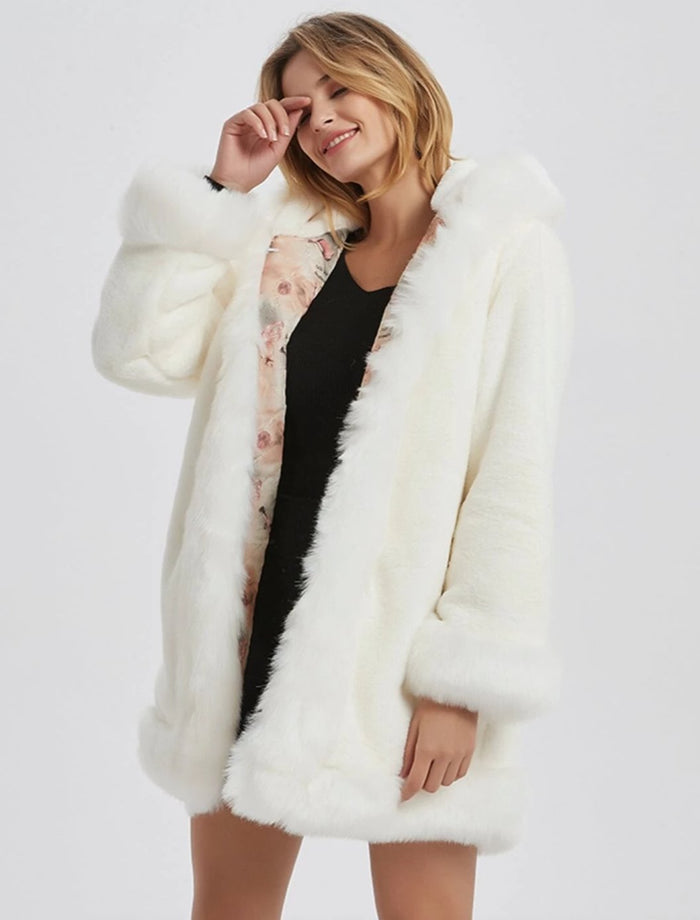 Faux Fur Hooded Women's Coat: rust orange, brown hooded coat, plush winter outerwear style