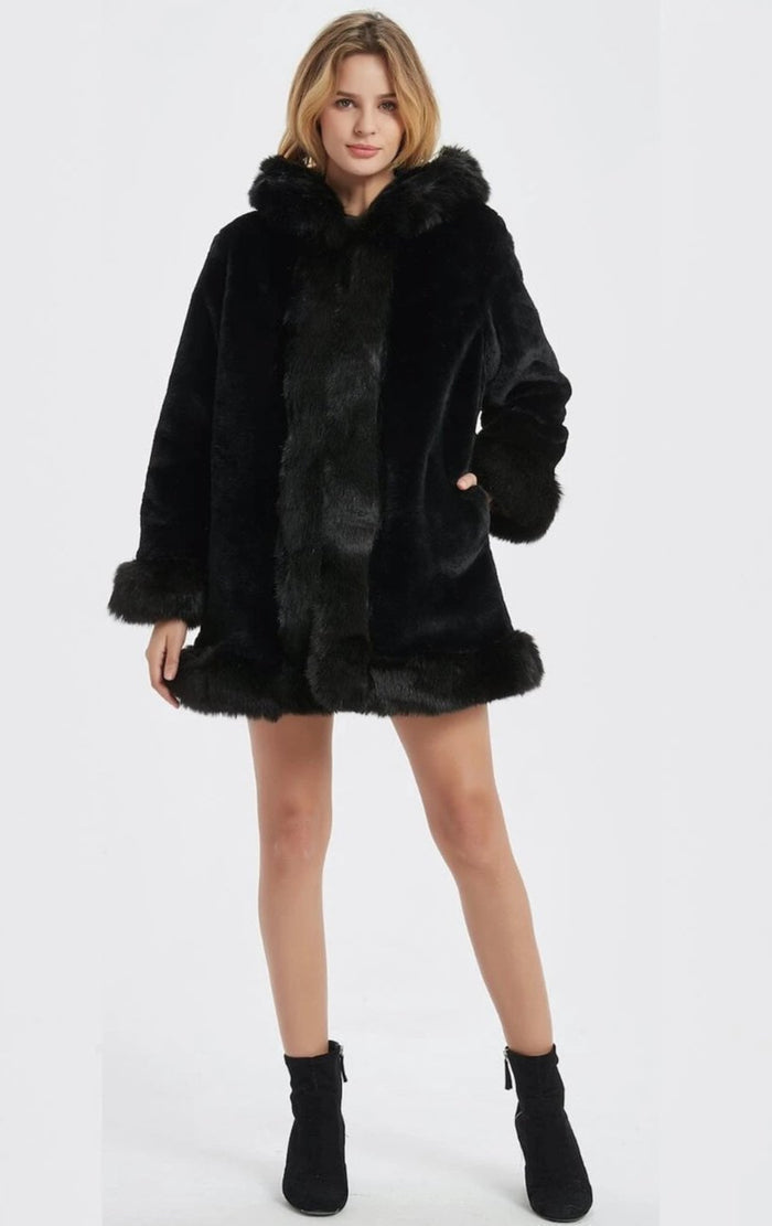 Faux Fur Hooded Women's Coat: rust orange, brown hooded coat, plush winter outerwear style