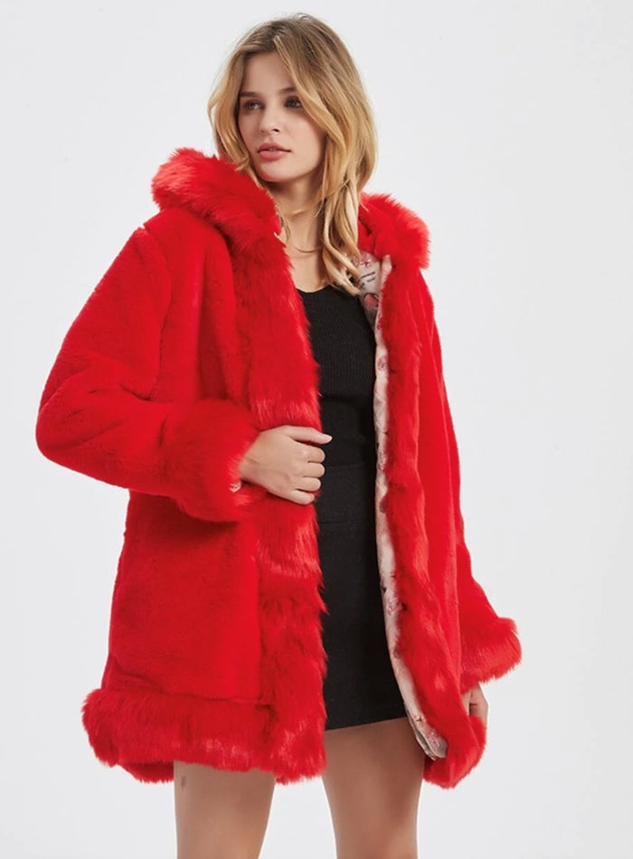 Faux Fur Hooded Women's Coat: rust orange, brown hooded coat, plush winter outerwear style