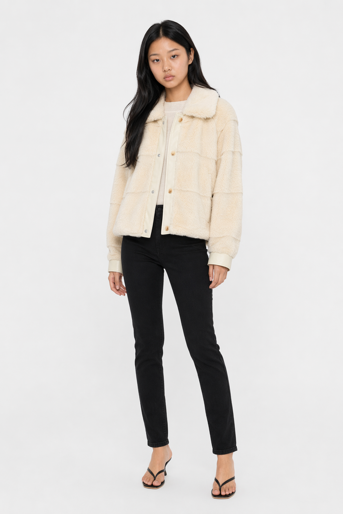 Faux Fur Jacket for Women with Trimmed Cuffs in Vegan Leather Default