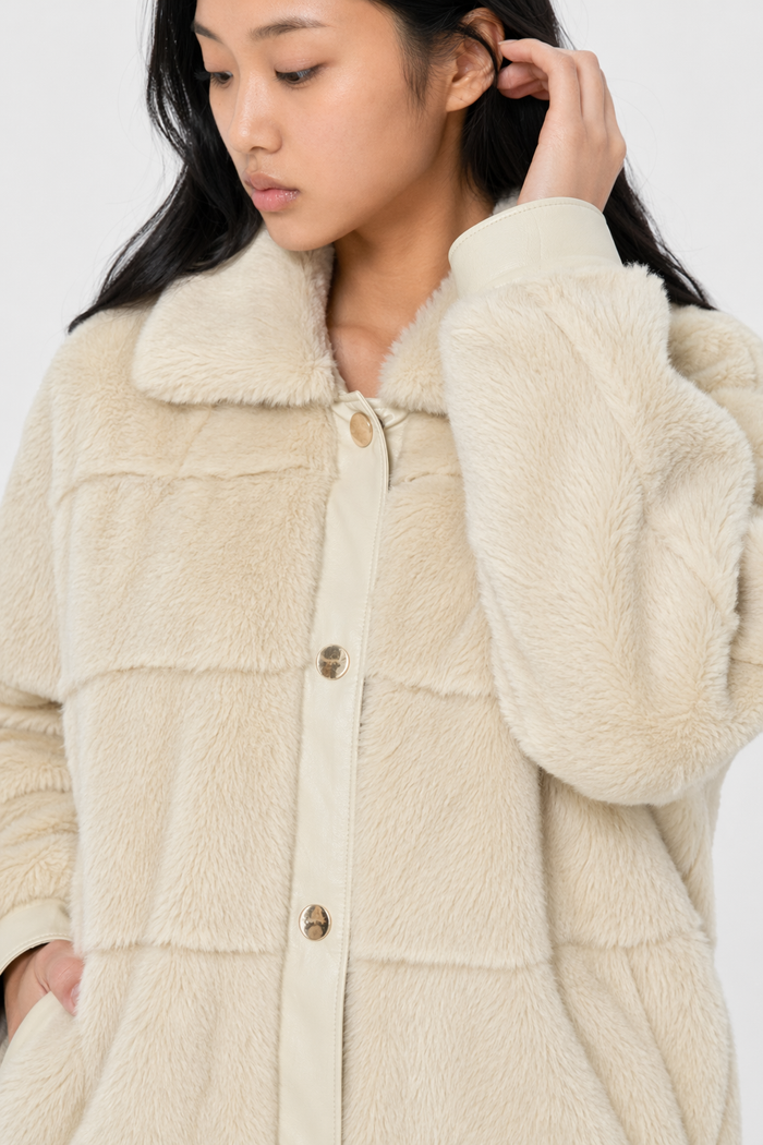 Faux Fur Jacket for Women with Trimmed Cuffs in Vegan Leather Default