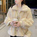 Faux Fur Jacket for Women with Trimmed Cuffs in Vegan Leather: cream, off-white jacket, cozy casual style