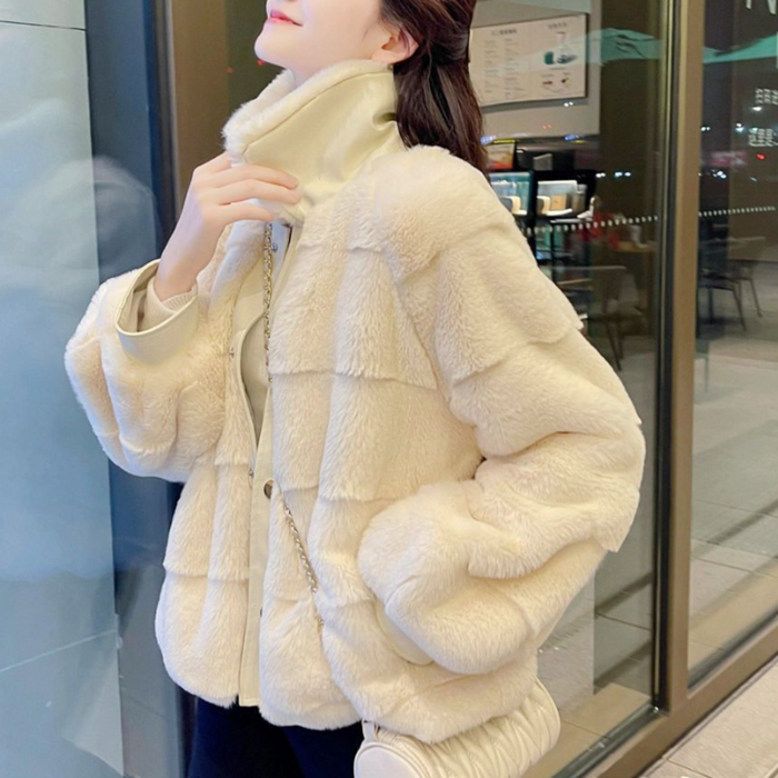 Faux Fur Jacket for Women with Trimmed Cuffs in Vegan Leather: cream, off-white jacket, cozy casual style