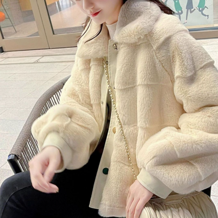 Faux Fur Jacket for Women with Trimmed Cuffs in Vegan Leather: cream, off-white jacket, cozy casual style
