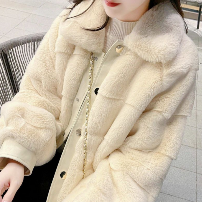 Faux Fur Jacket for Women with Trimmed Cuffs in Vegan Leather: cream, off-white jacket, cozy casual style