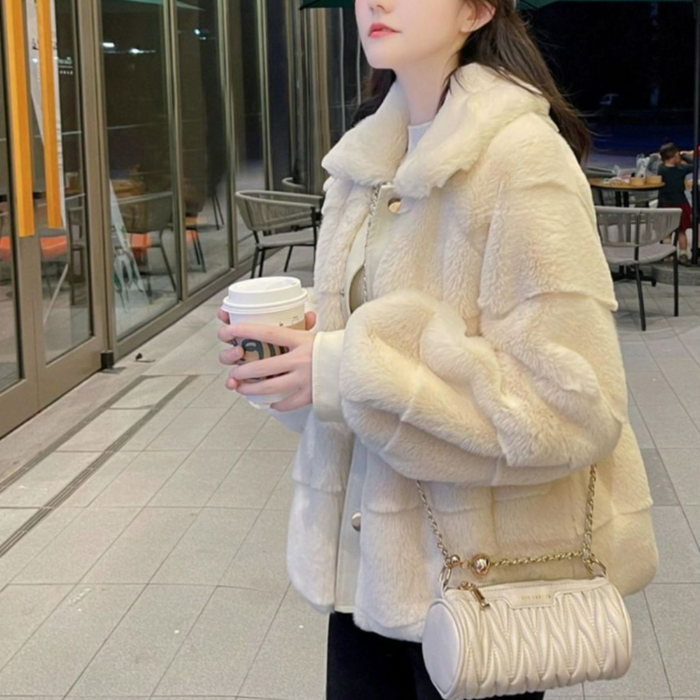 Faux Fur Jacket for Women with Trimmed Cuffs in Vegan Leather: cream, off-white jacket, cozy casual style