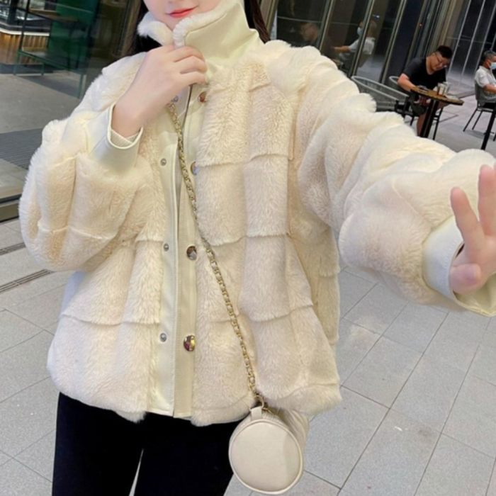 Faux Fur Jacket for Women with Trimmed Cuffs in Vegan Leather: cream, off-white jacket, cozy casual style