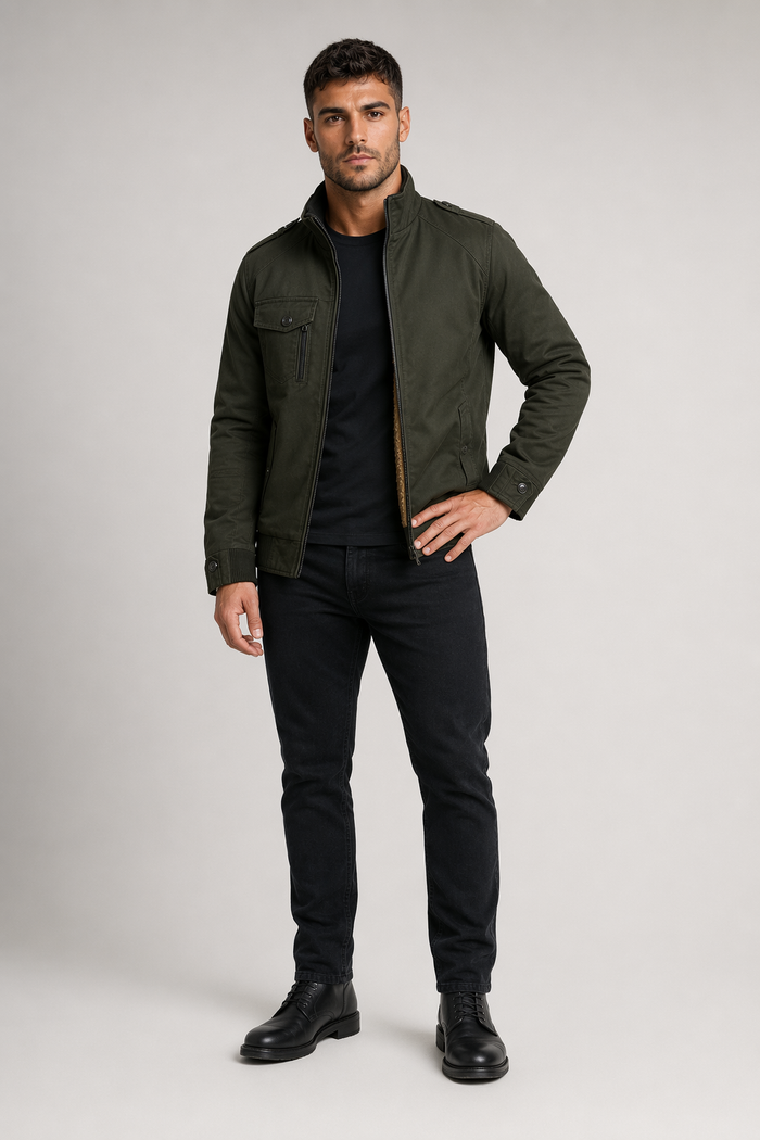 Faux Fur-Lined Military-Inspired Men's Jacket Army Green