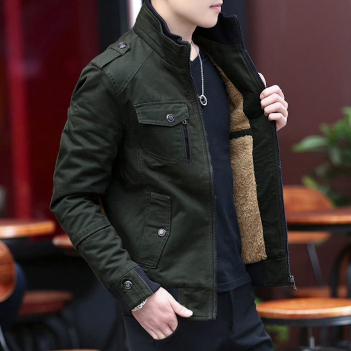 Faux Fur-Lined Military-Inspired Men's Jacket: dark olive green, tan brown jacket, casual military-inspired style
