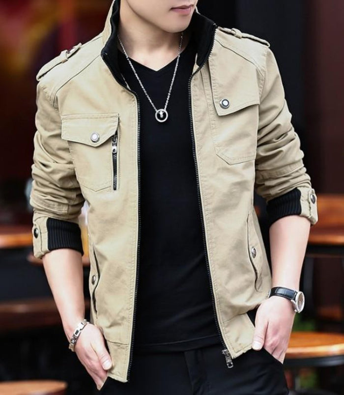 Faux Fur-Lined Military-Inspired Men's Jacket: dark olive green, tan brown jacket, casual military-inspired style