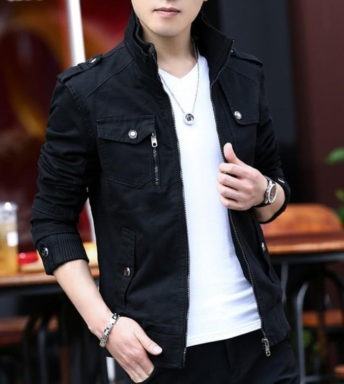 Faux Fur-Lined Military-Inspired Men's Jacket: dark olive green, tan brown jacket, casual military-inspired style