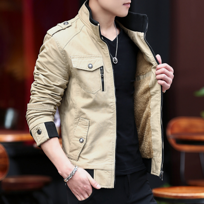 Faux Fur-Lined Military-Inspired Men's Jacket: dark olive green, tan brown jacket, casual military-inspired style