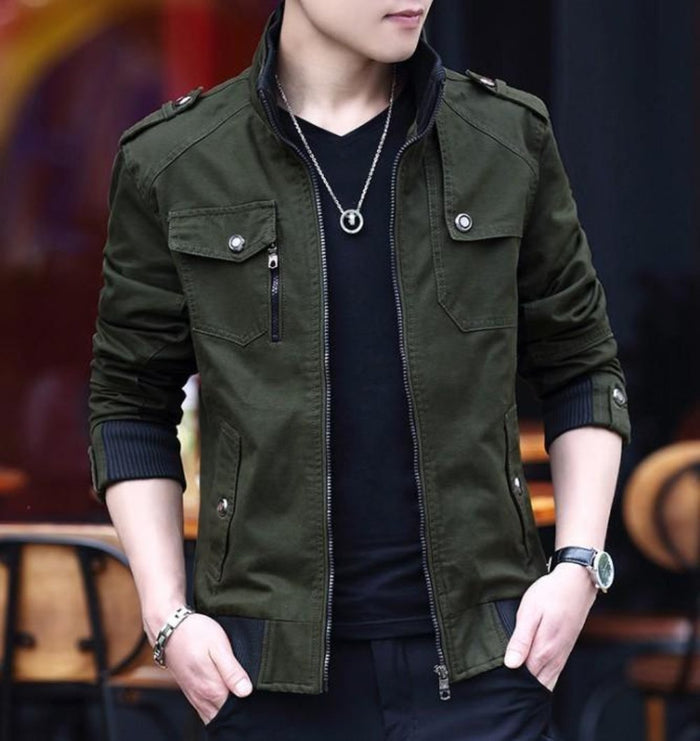 Faux Fur-Lined Military-Inspired Men's Jacket: dark olive green, tan brown jacket, casual military-inspired style