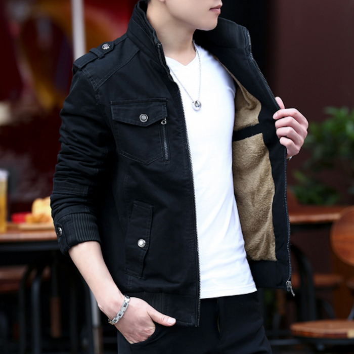 Faux Fur-Lined Military-Inspired Men's Jacket: dark olive green, tan brown jacket, casual military-inspired style
