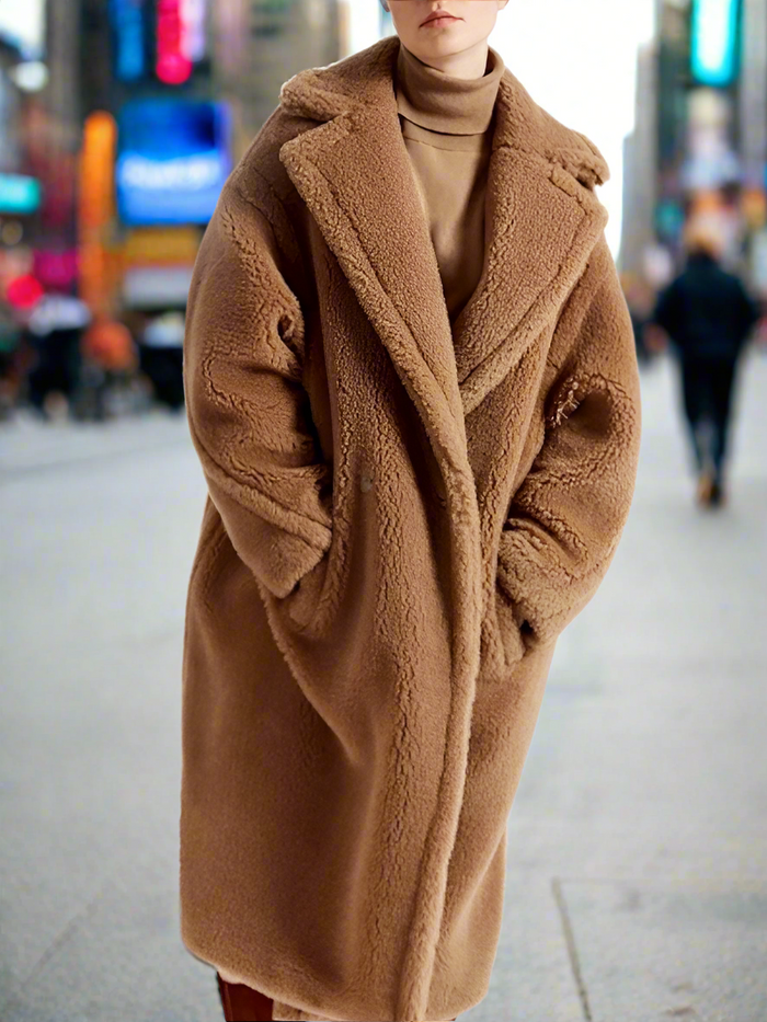 Faux Fur Teddy Overcoat for Women: camel brown, tan long coat, minimal cozy streetwear style