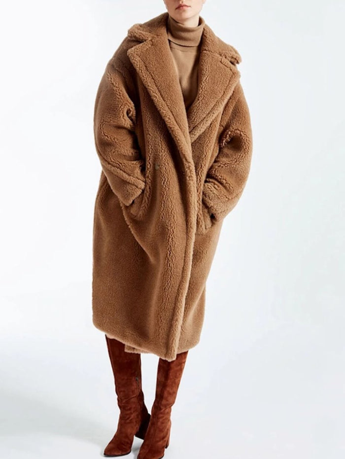 Faux Fur Teddy Overcoat for Women: camel brown, tan long coat, minimal cozy streetwear style