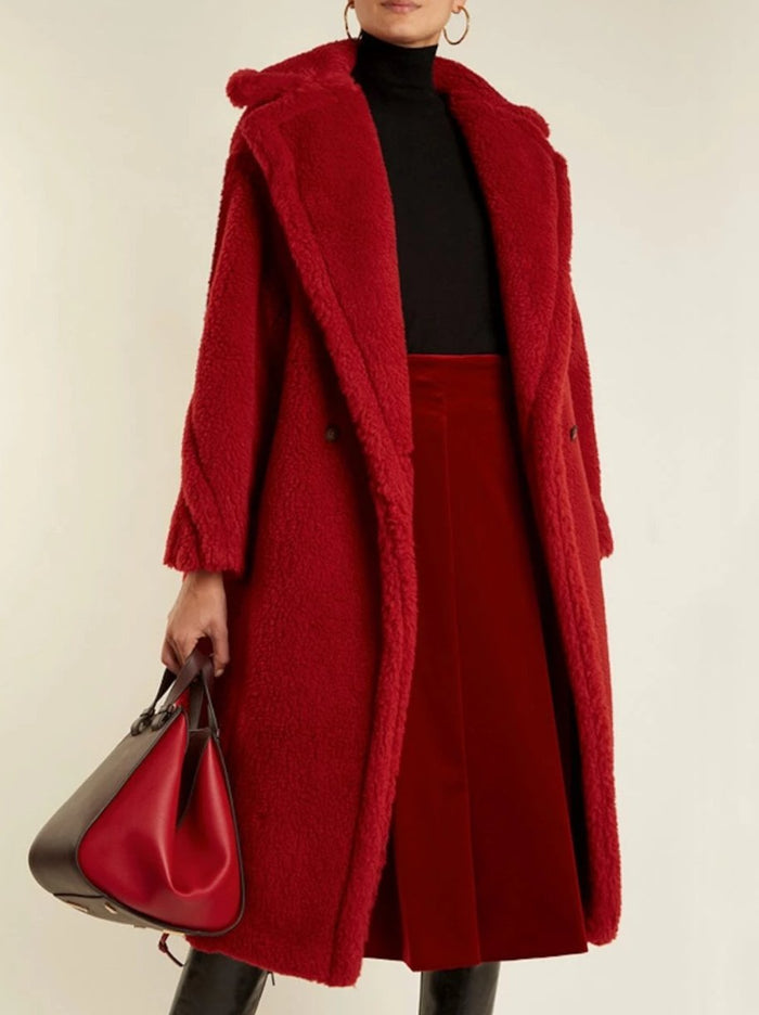 Faux Fur Teddy Overcoat for Women: camel brown, tan long coat, minimal cozy streetwear style