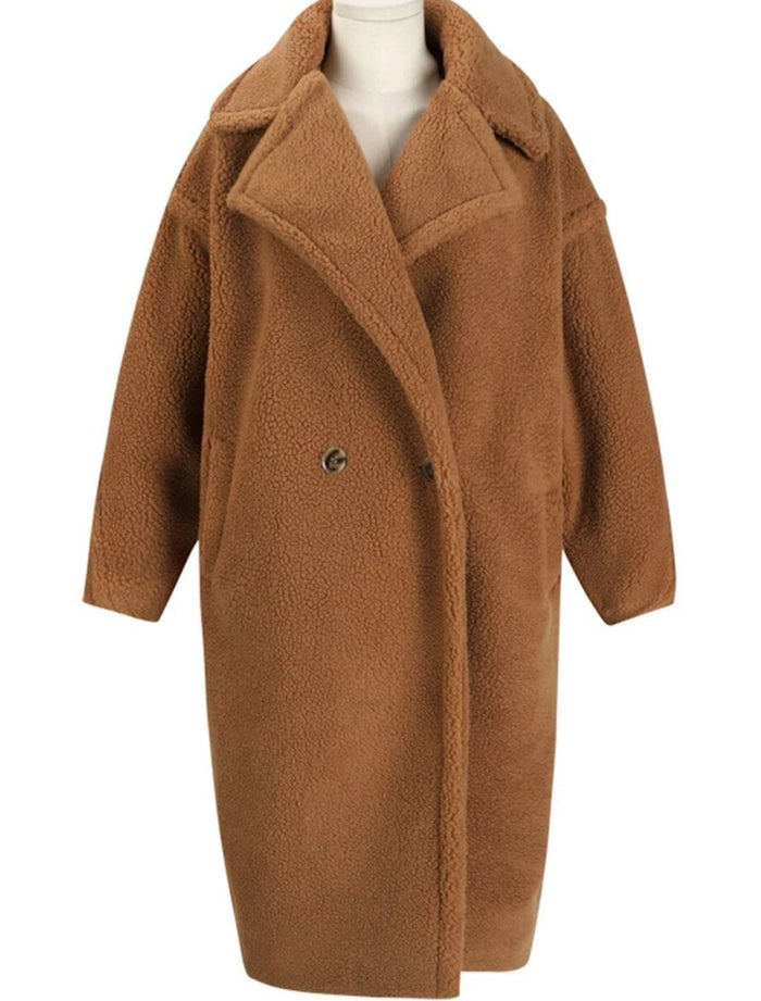 Faux Fur Teddy Overcoat for Women: camel brown, tan long coat, minimal cozy streetwear style