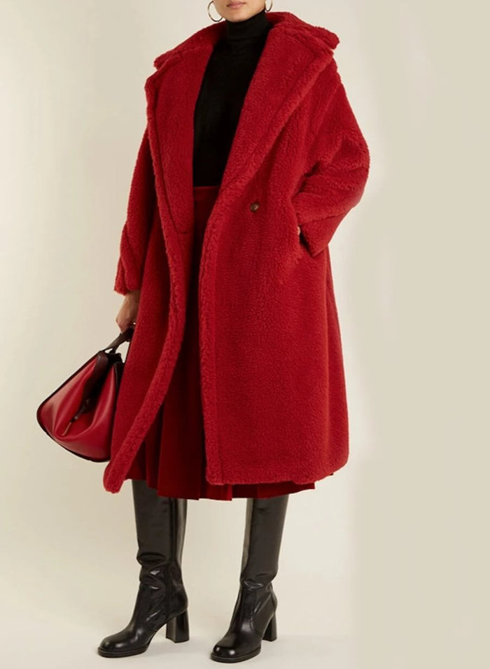 Faux Fur Teddy Overcoat for Women: camel brown, tan long coat, minimal cozy streetwear style
