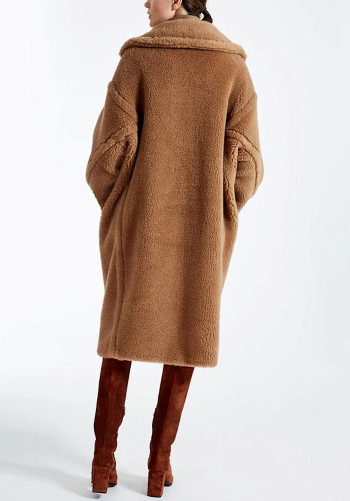 Faux Fur Teddy Overcoat for Women: camel brown, tan long coat, minimal cozy streetwear style