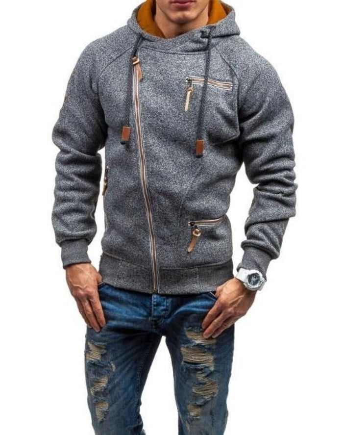 Faux Leather Detailed Zip-Up Men's Hoodie: heather gray, brown hooded zip-up jacket, casual sporty style
