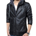 Faux Leather Jacket for Men with a Hood: black, dark gray hooded zip-up jacket, casual biker-inspired style