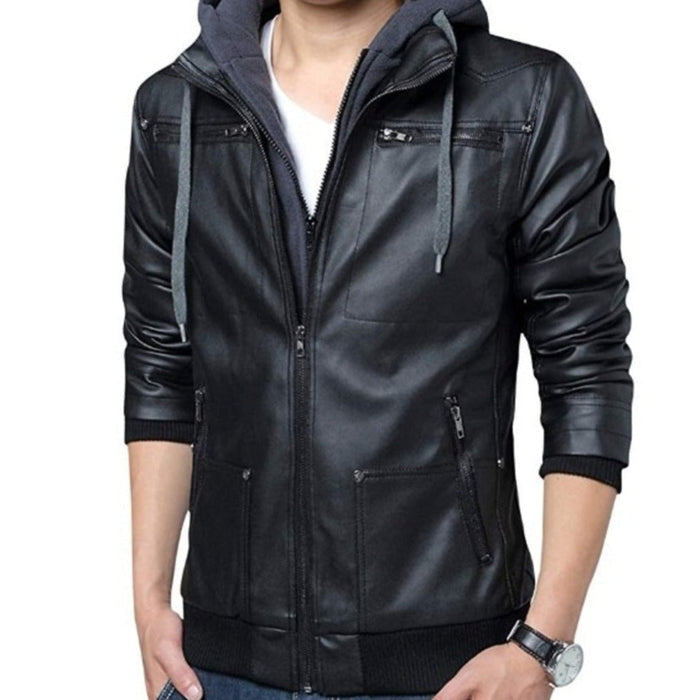 Faux Leather Jacket for Men with a Hood: black, dark gray hooded zip-up jacket, casual biker-inspired style