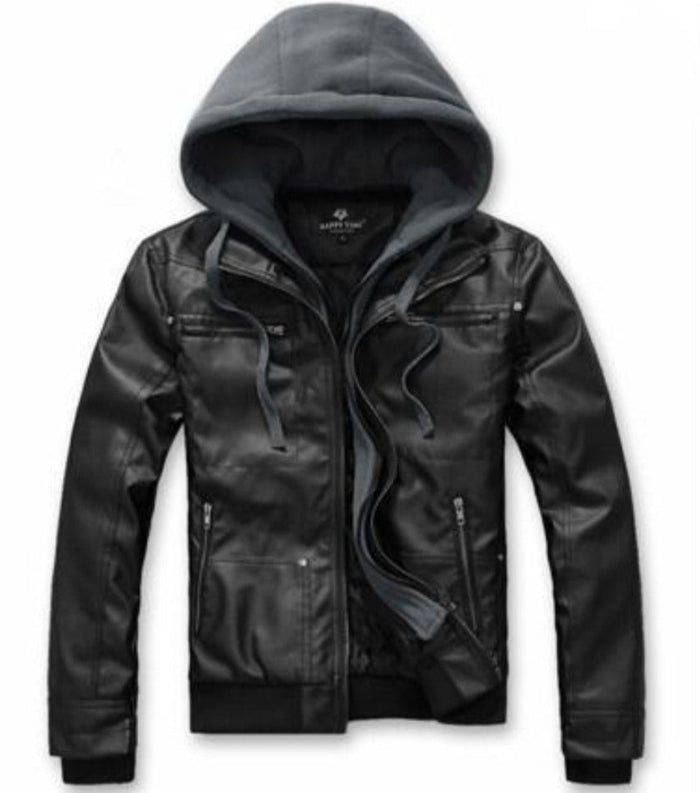 Faux Leather Jacket for Men with a Hood: black, dark gray hooded zip-up jacket, casual biker-inspired style