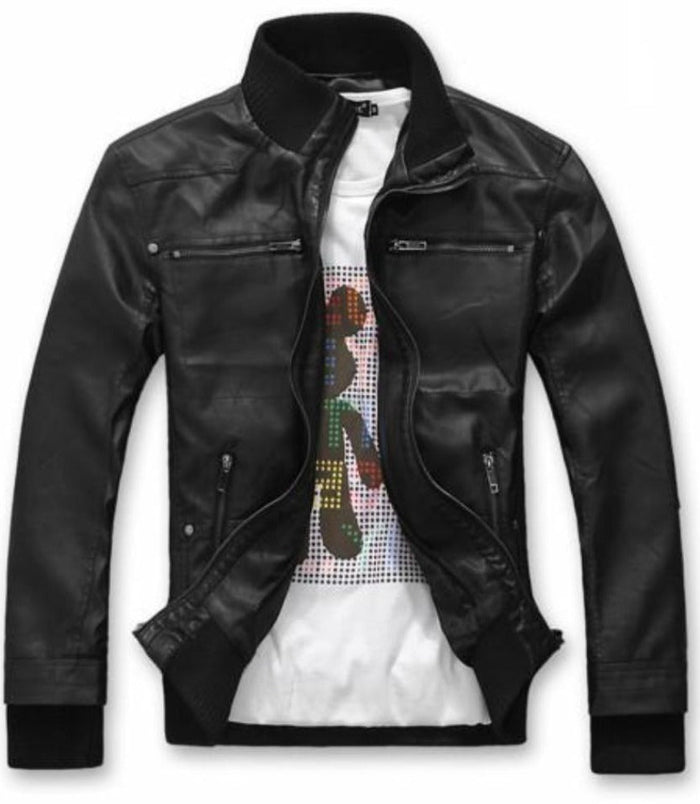Faux Leather Jacket for Men with a Hood: black, dark gray hooded zip-up jacket, casual biker-inspired style