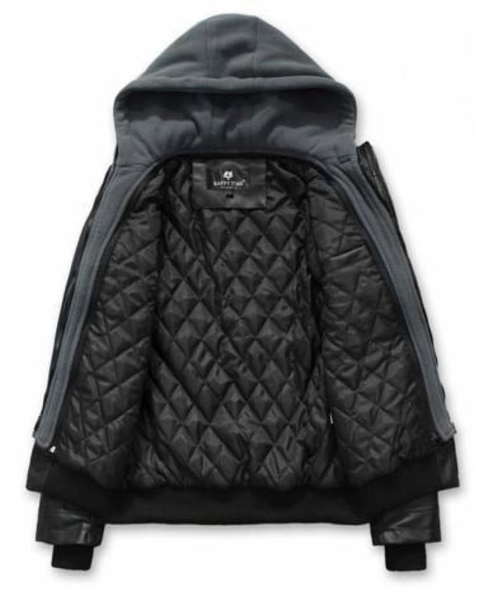 Faux Leather Jacket for Men with a Hood: black, dark gray hooded zip-up jacket, casual biker-inspired style