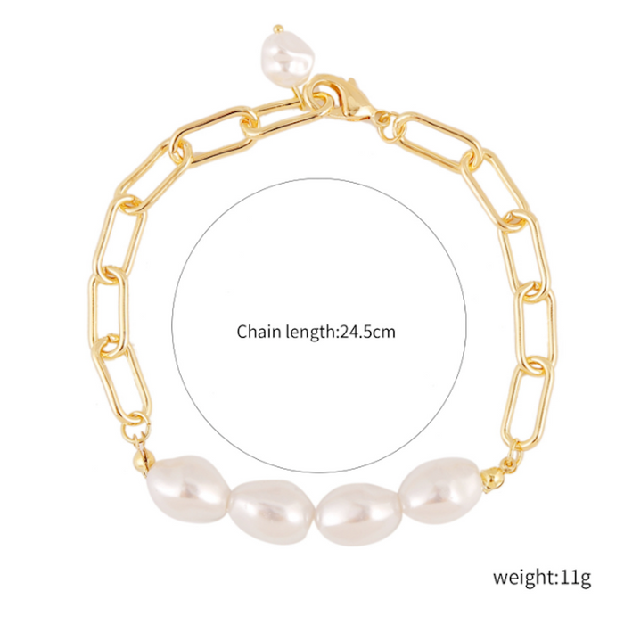 Faux Pearl Beaded Women's Link Bracelet: gold, white chain jewelry with pearl-like beads, minimal style