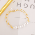 Faux Pearl Beaded Women's Link Bracelet: gold, white chain jewelry with pearl-like beads, minimal style