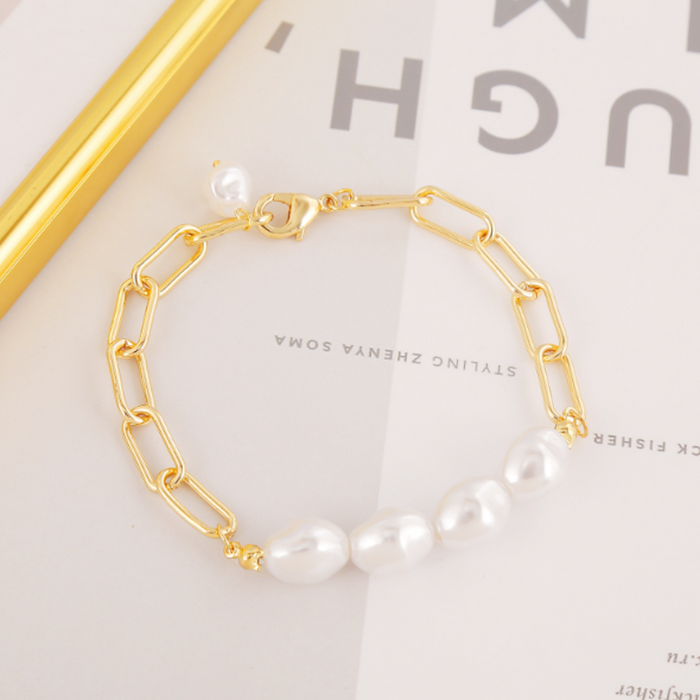 Faux Pearl Beaded Women's Link Bracelet: gold, white chain jewelry with pearl-like beads, minimal style