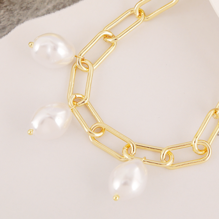 Faux Pearl Detailed Link Bracelet for Women: gold, white chain necklace, minimal style