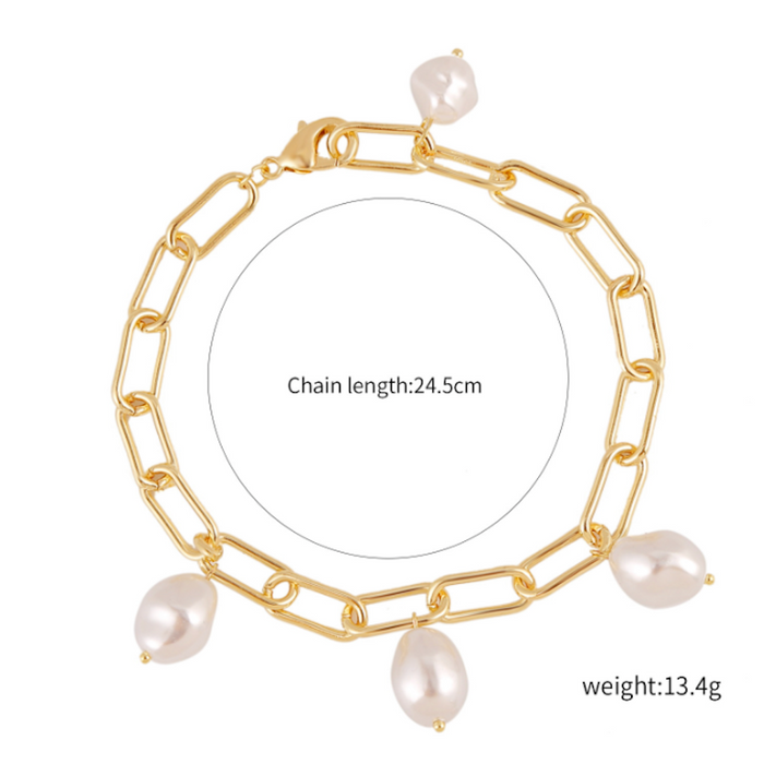 Faux Pearl Detailed Link Bracelet for Women: gold, white chain necklace, minimal style