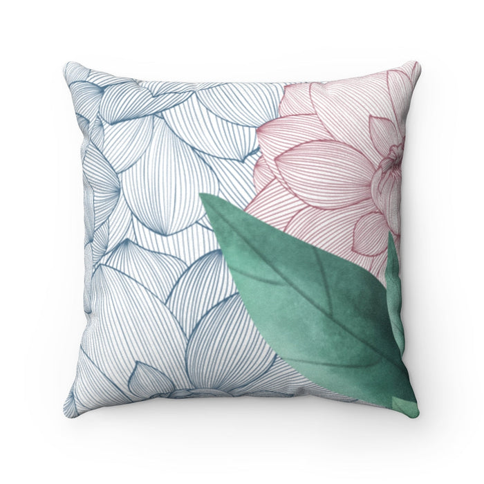 Faux Suede Square Cushion with Floral Prints on Both Sides for Double Bed: white, light blue floral and leaf botanical patter