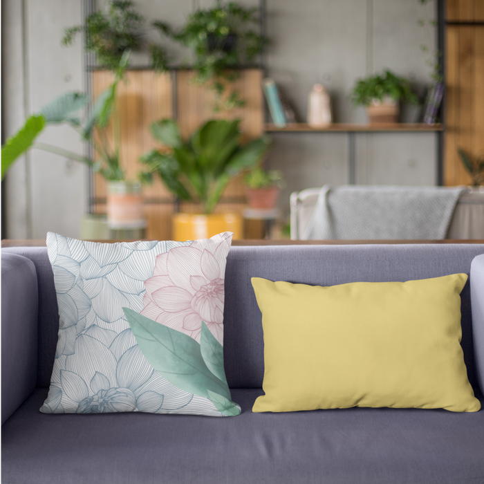 Faux Suede Square Cushion with Floral Prints on Both Sides for Double Bed: white, light blue floral and leaf botanical patter
