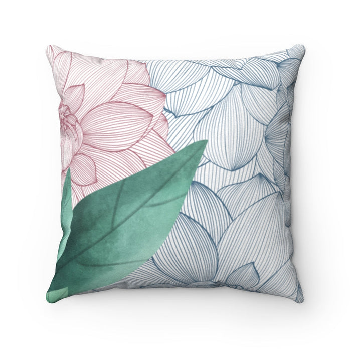 Faux Suede Square Cushion with Floral Prints on Both Sides for Double Bed: white, light blue floral and leaf botanical patter