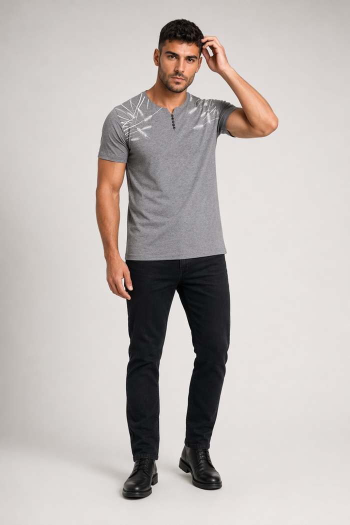 Feather Print Men's Short Sleeve Buttoned T-Shirt Gray